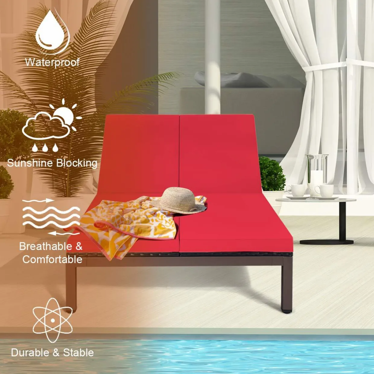 Tangkula 2-Person Patio Lounge Chair, Outdoor Rattan Double Wicker Daybed Chaise Lounge Chair