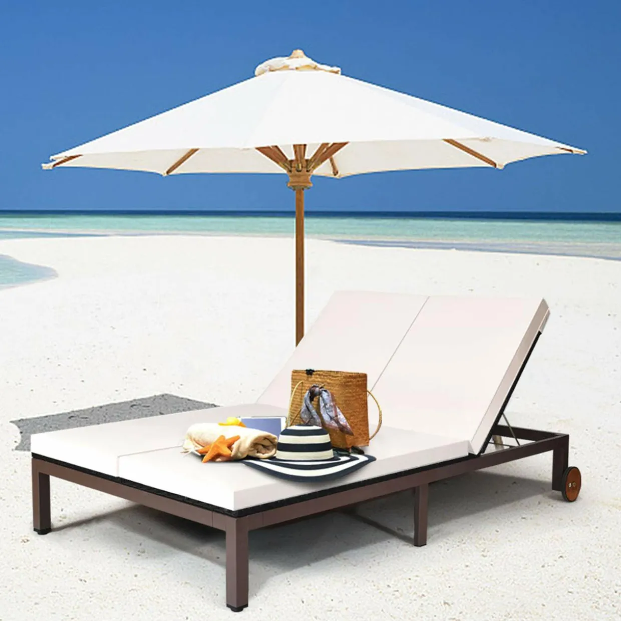 Tangkula 2-Person Patio Lounge Chair, Outdoor Rattan Double Wicker Daybed Chaise Lounge Chair