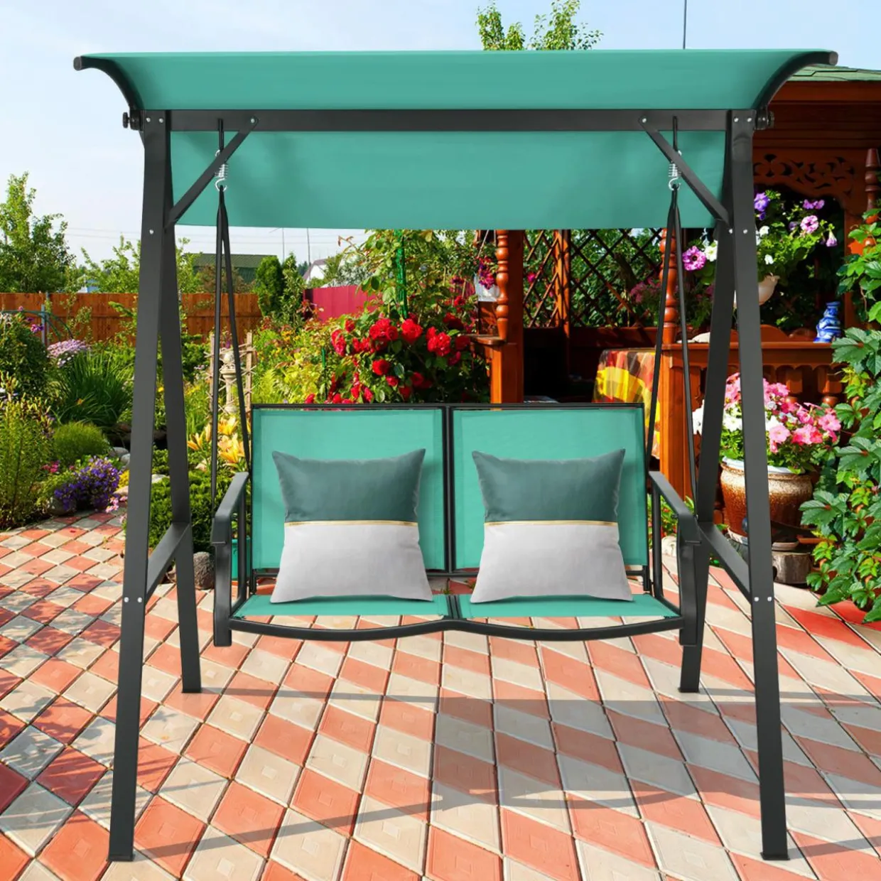 Tangkula 2-Person Patio Swing, Weather Resistant Glider with Adjustable Canopy