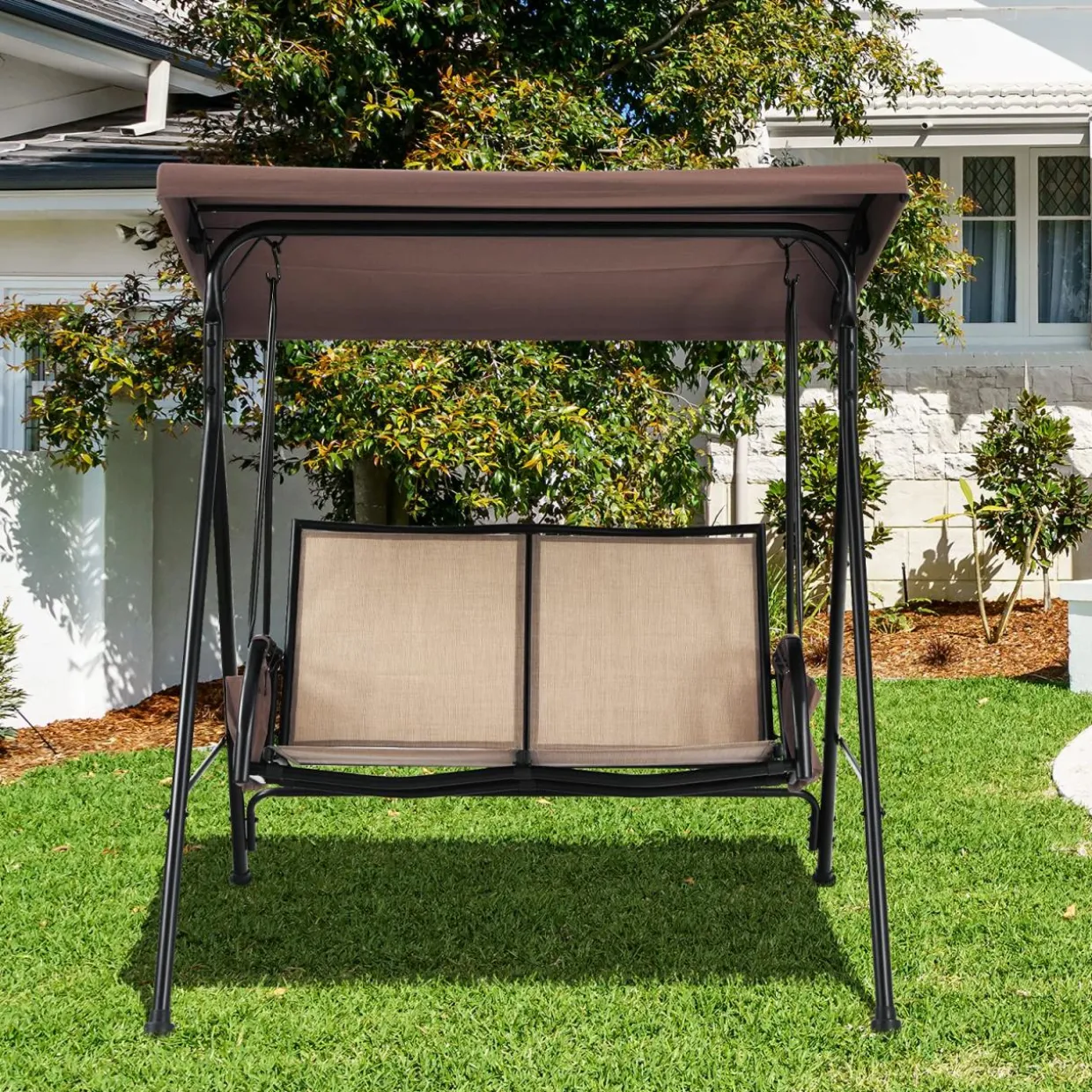Tangkula 2-Person Patio Swing, Outdoor Porch Swing with Adjustable Canopy & 2 Storage Pocket