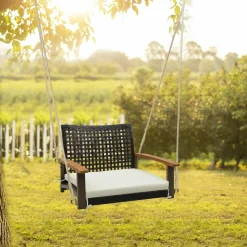 Tangkula 1-Person Rattan Porch Swing with Cushion