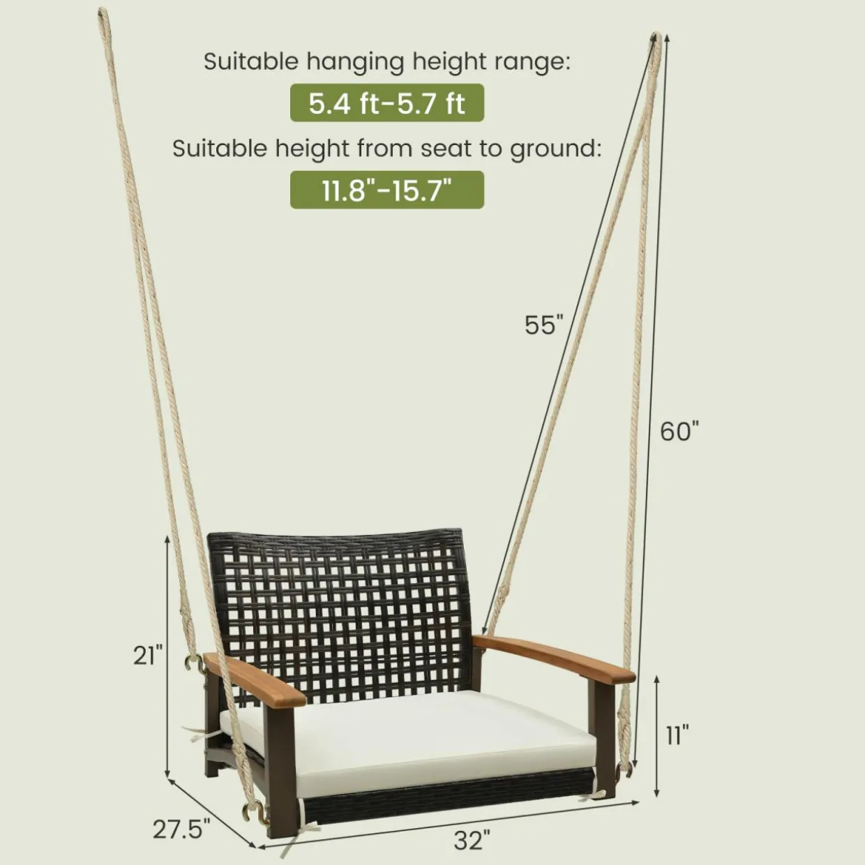Tangkula 1-Person Rattan Porch Swing with Cushion