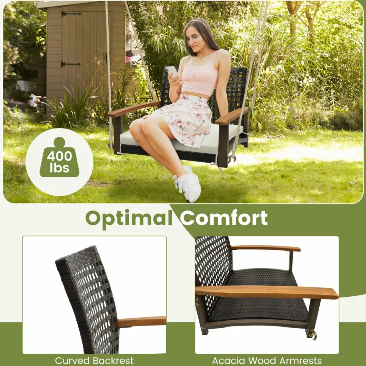 Tangkula 1-Person Rattan Porch Swing with Cushion