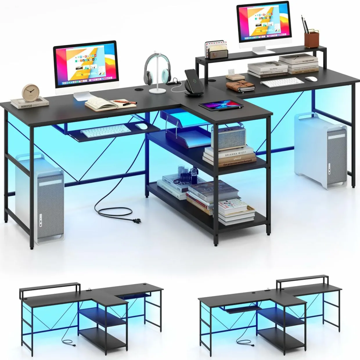 Tangkula 2-Person Reversible Computer Desk with LED Lights, 94.5” Long Office Desk with Power Outlets