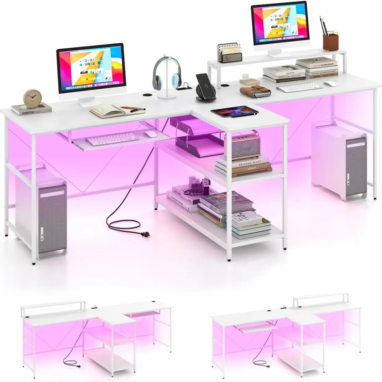 Tangkula 2-Person Reversible Computer Desk with LED Lights, 94.5” Long Office Desk with Power Outlets