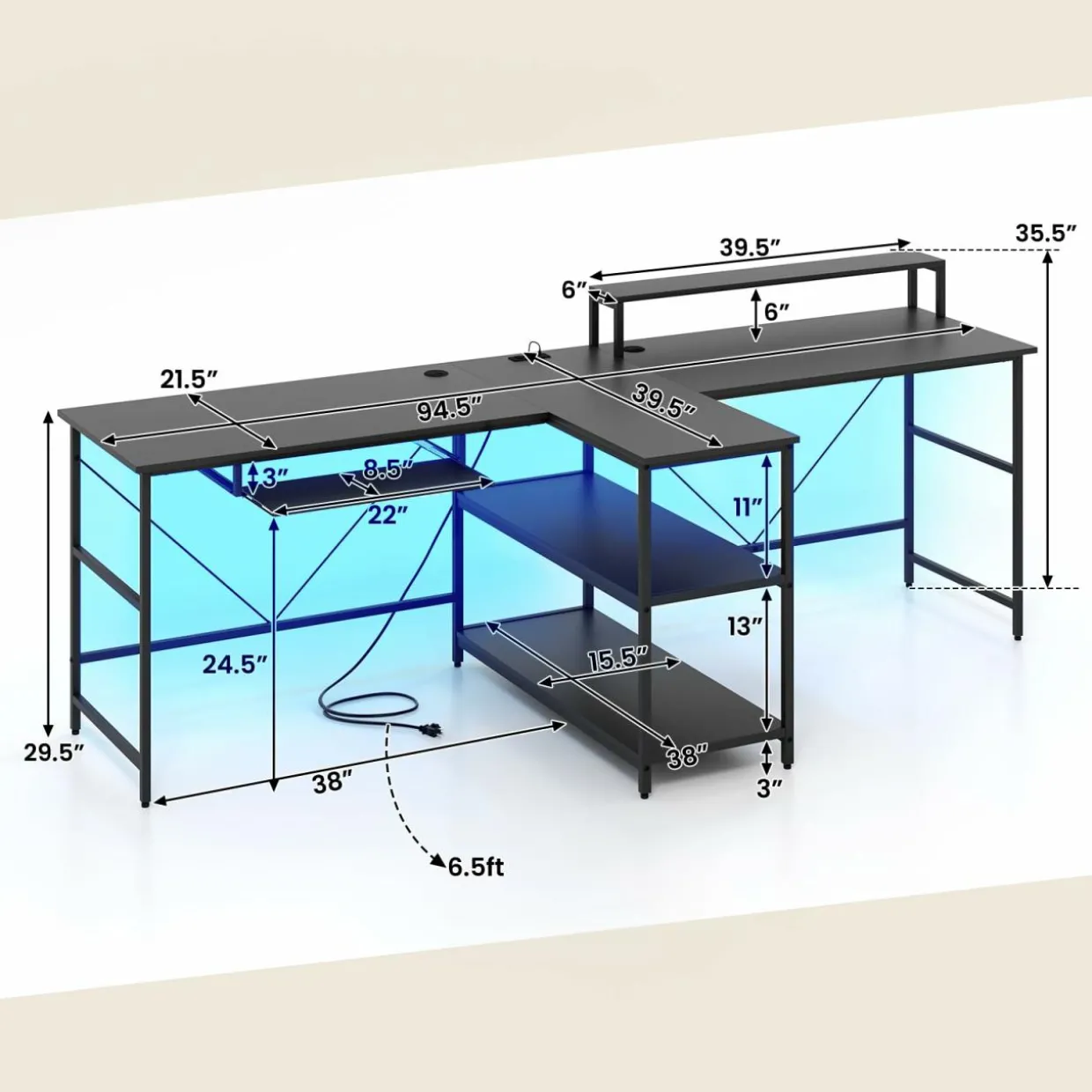 Tangkula 2-Person Reversible Computer Desk with LED Lights, 94.5” Long Office Desk with Power Outlets