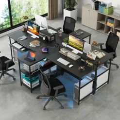 Tangkula 2-Person Reversible Computer Desk with LED Lights, 94.5” Long Office Desk with Power Outlets