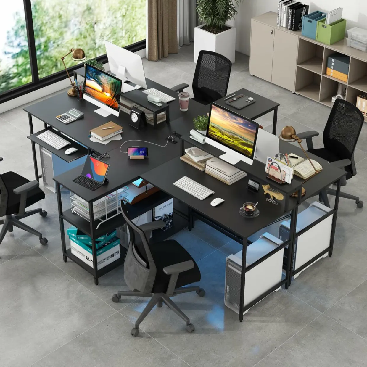 Tangkula 2-Person Reversible Computer Desk with LED Lights, 94.5” Long Office Desk with Power Outlets