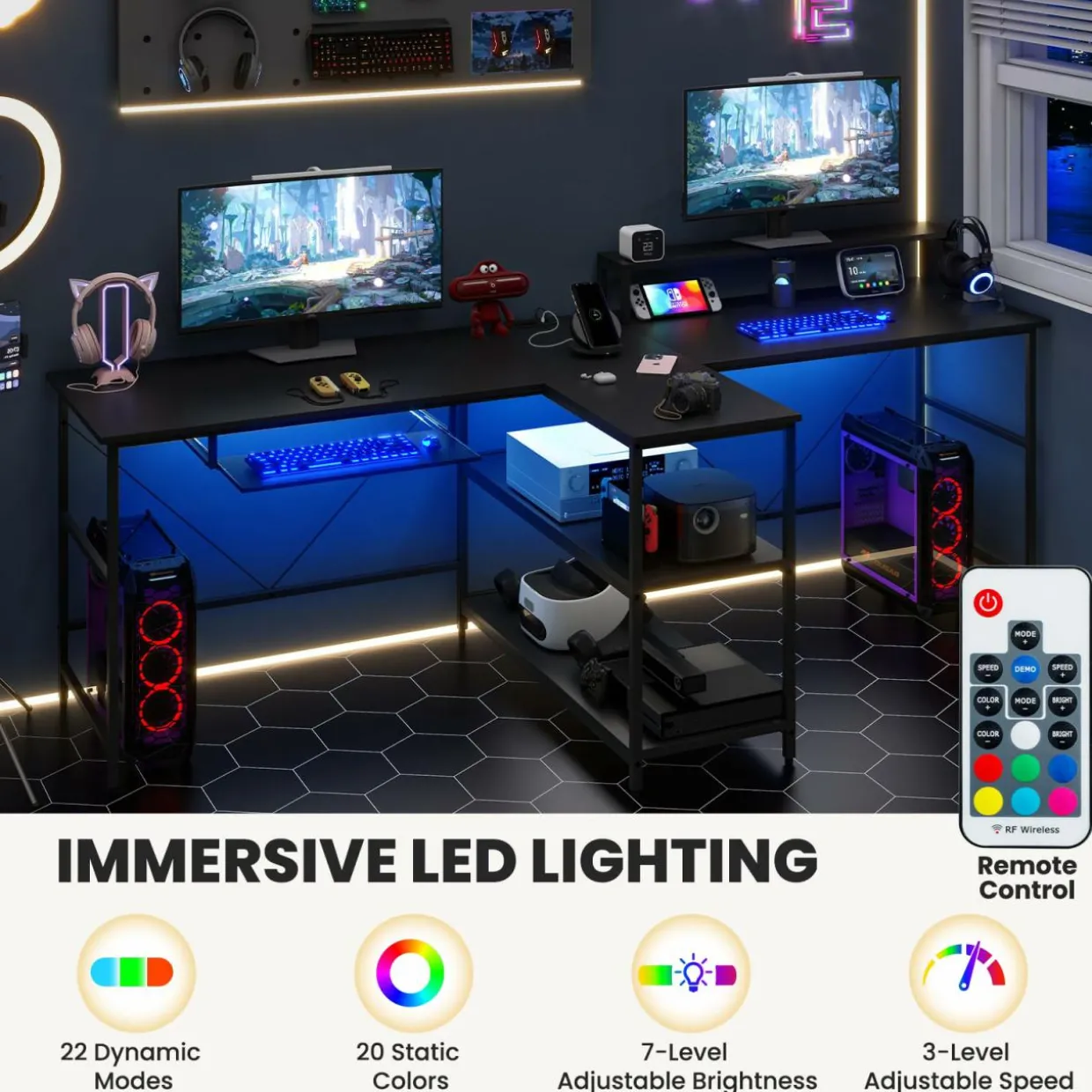 Tangkula 2-Person Reversible Computer Desk with LED Lights, 94.5” Long Office Desk with Power Outlets