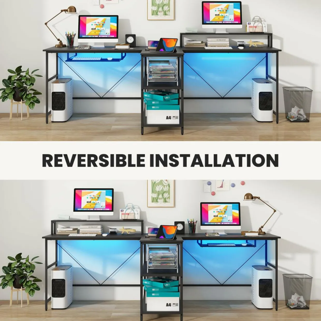 Tangkula 2-Person Reversible Computer Desk with LED Lights, 94.5” Long Office Desk with Power Outlets