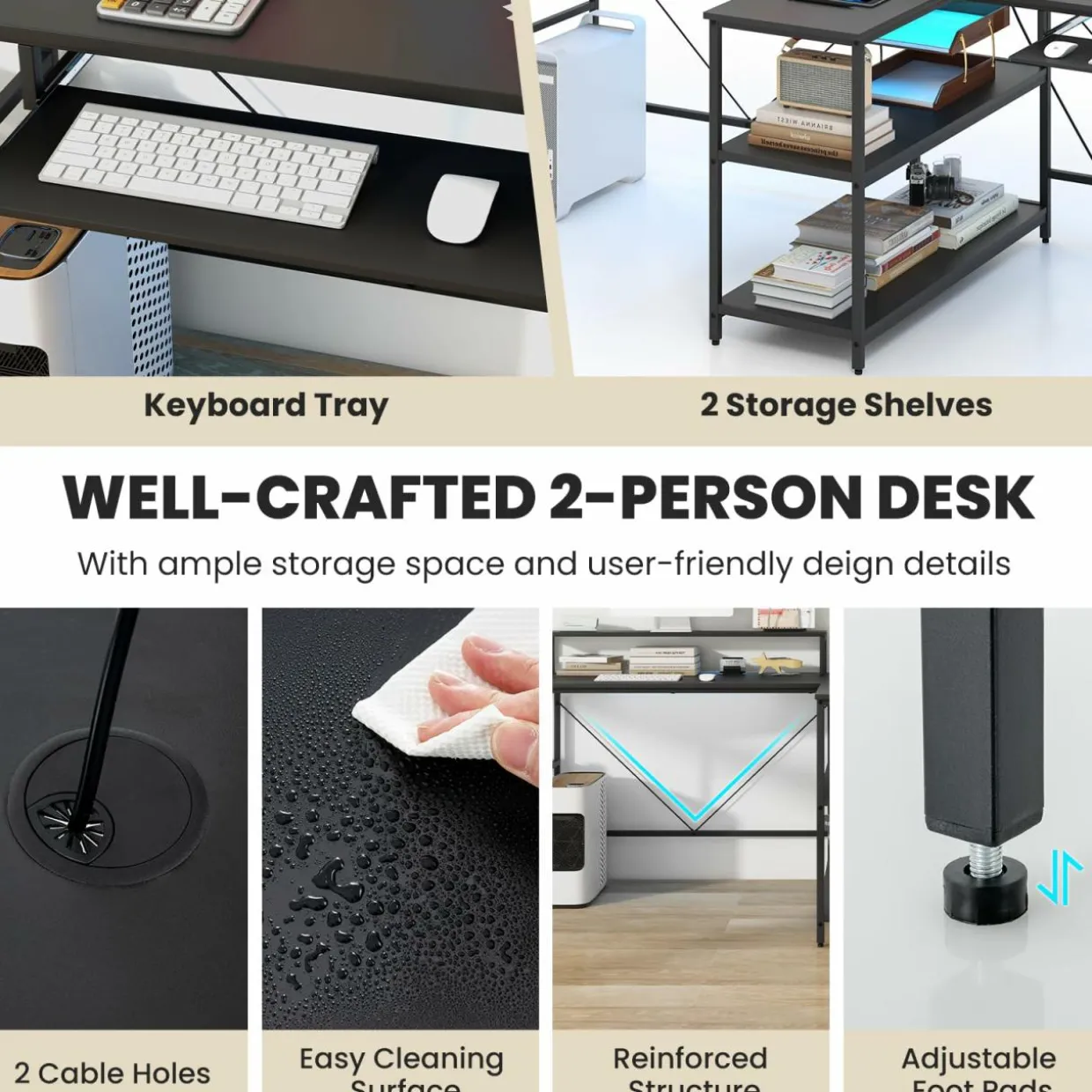 Tangkula 2-Person Reversible Computer Desk with LED Lights, 94.5” Long Office Desk with Power Outlets