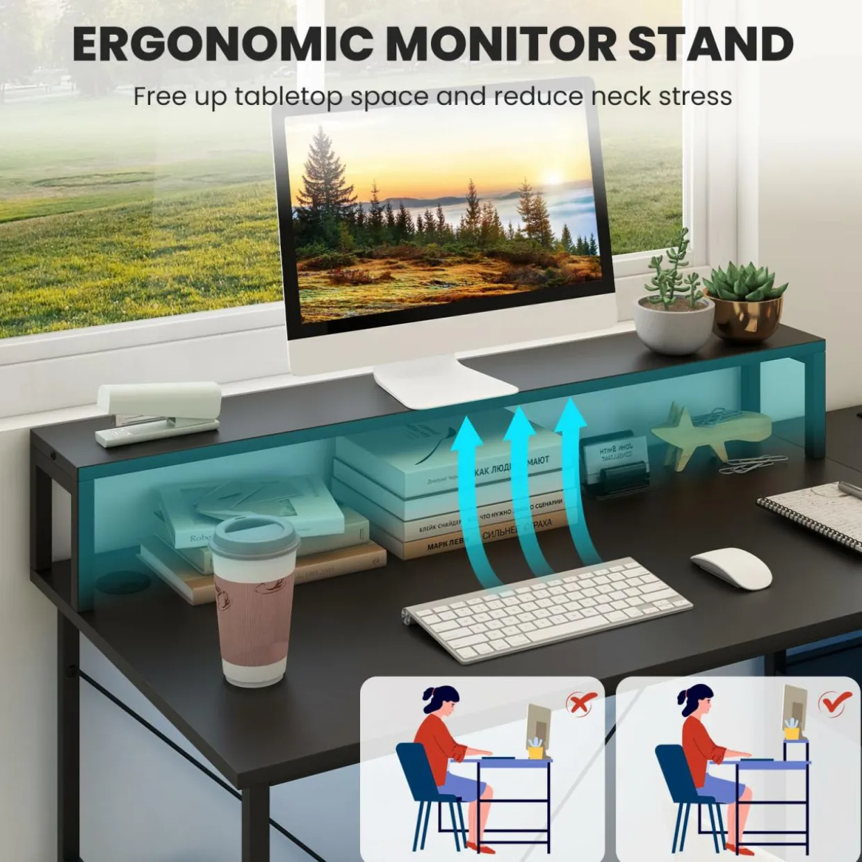 Tangkula 2-Person Reversible Computer Desk with LED Lights, 94.5” Long Office Desk with Power Outlets