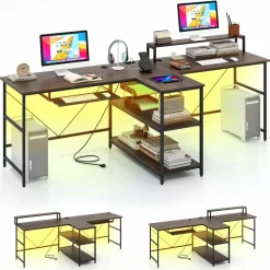 Tangkula 2-Person Reversible Computer Desk with LED Lights, 94.5” Long Office Desk with Power Outlets