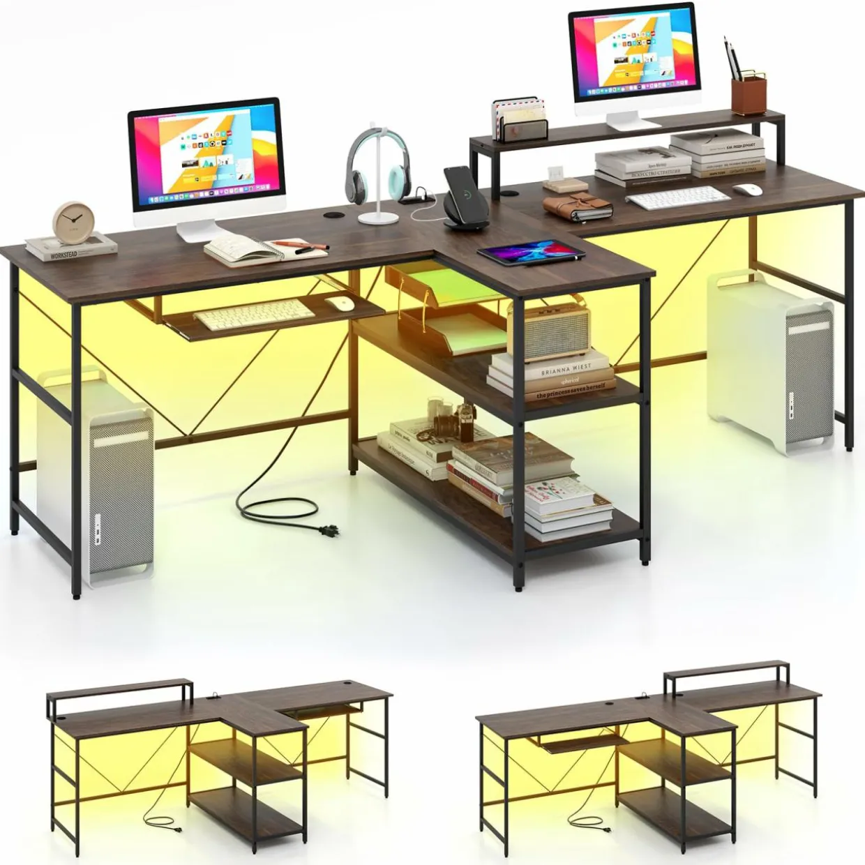 Tangkula 2-Person Reversible Computer Desk with LED Lights, 94.5” Long Office Desk with Power Outlets