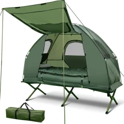 Tangkula 1-Person Tent Cot, Foldable Camping Tent with Air Mattress, Sleeping Bag, Elevated Single Cot Tent with Carrying Bag