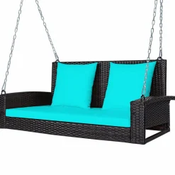 Tangkula 2-Person Wicker Hanging Porch Swing, Patiojoy Outdoor Rattan Swing Bench W/ 2 Back Cushions & 1 Seat Cushion, Sturdy Steel Chain