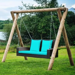 Tangkula 2-Person Wicker Hanging Porch Swing, Patiojoy Outdoor Rattan Swing Bench W/ 2 Back Cushions & 1 Seat Cushion, Sturdy Steel Chain