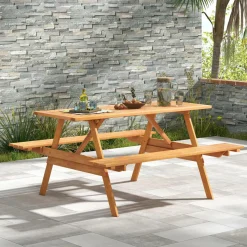 Tangkula Picnic Table with 2 Benches, Outdoor Hardwood Picnic Table Bench Set with 2-Inch Umbrella Hole, Slatted Tabletop & Seat