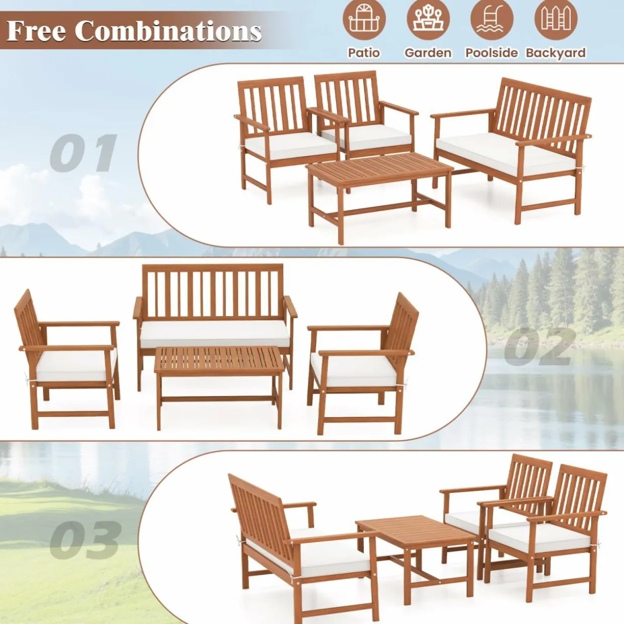 Tangkula 4/8-Piece Acacia Wood Patio Conversation Set