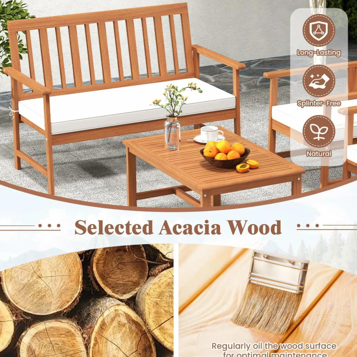 Tangkula 4/8-Piece Acacia Wood Patio Conversation Set