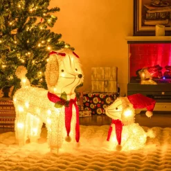 Tangkula 2-Piece Christmas Lighted Dogs, 3D Xmas Light-up Cute Poodle with 60 LED Lights, Red Scarves