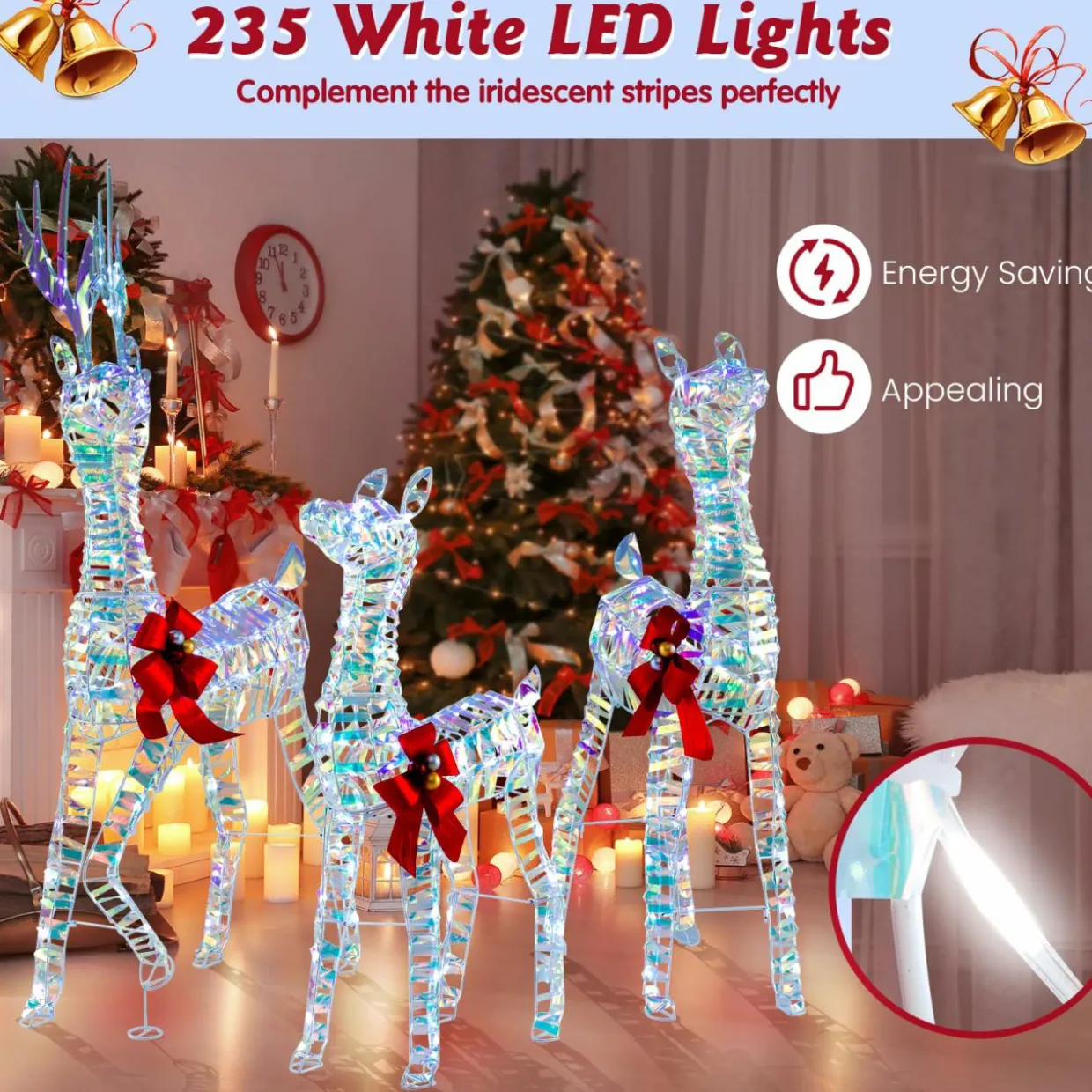 Tangkula 3-Piece Christmas Lighted Iridescent Reindeer Family Set, Xmas Pre-Lit Deer with 230 LED Lights