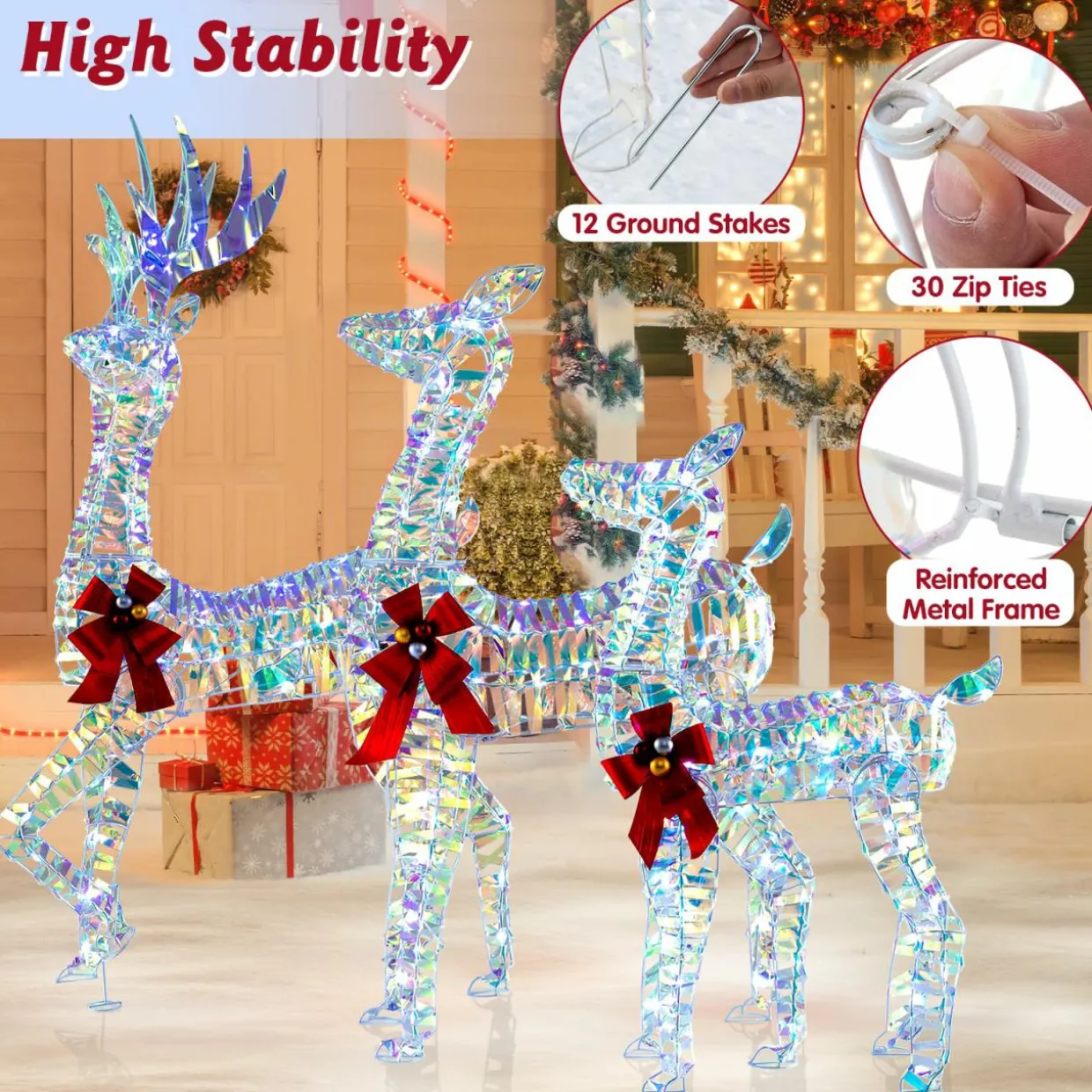 Tangkula 3-Piece Christmas Lighted Iridescent Reindeer Family Set, Xmas Pre-Lit Deer with 230 LED Lights