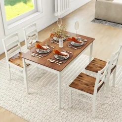Tangkula 5-Piece Dining Table Set for 4, Farmhouse Solid Wood Dinette Set w/Rubber Wood Legs