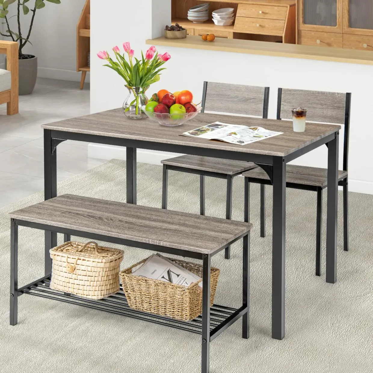 Tangkula 4-Piece Dining Table Set, Kitchen Table with Bench and Chairs