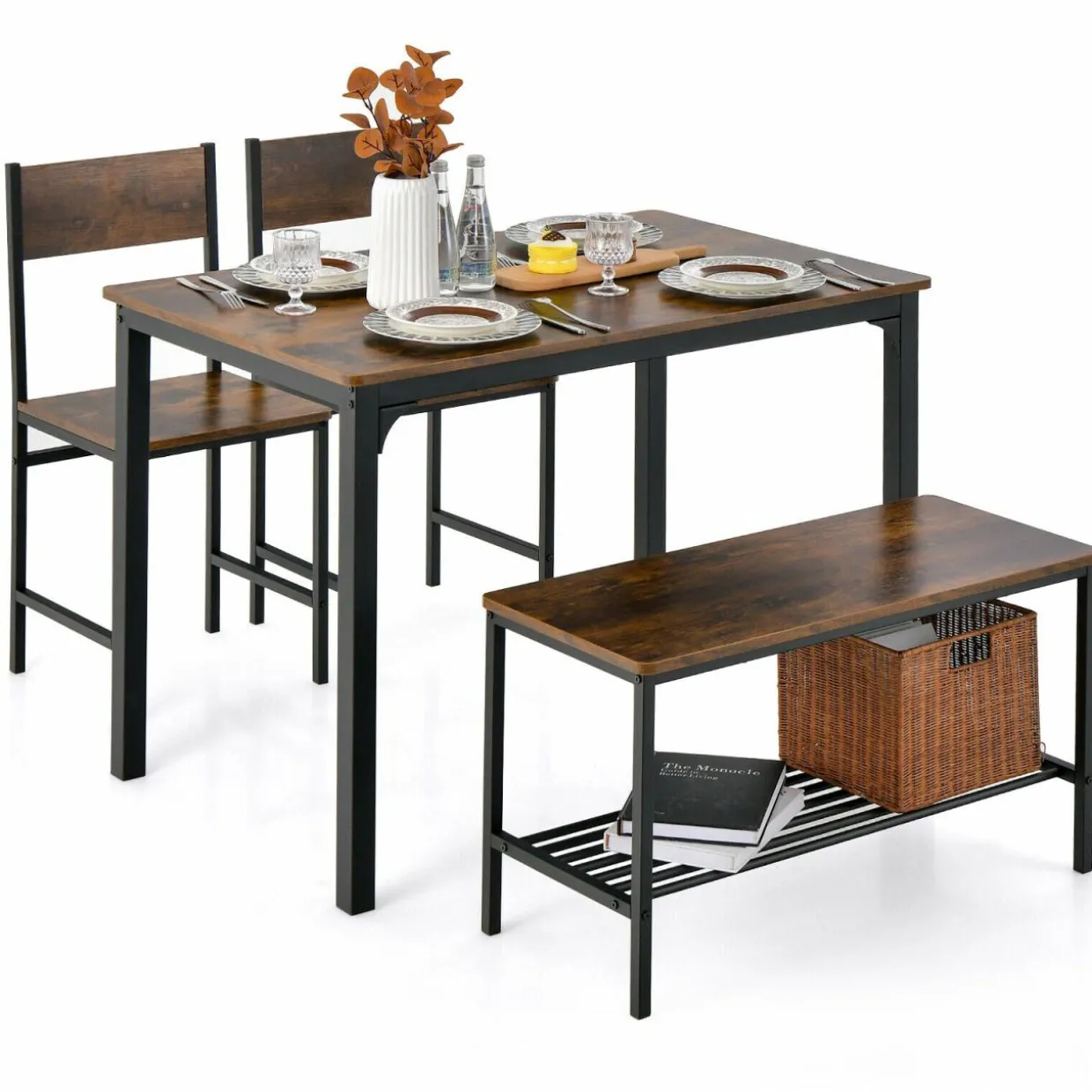 Tangkula 4-Piece Dining Table Set, Kitchen Table with Bench and Chairs