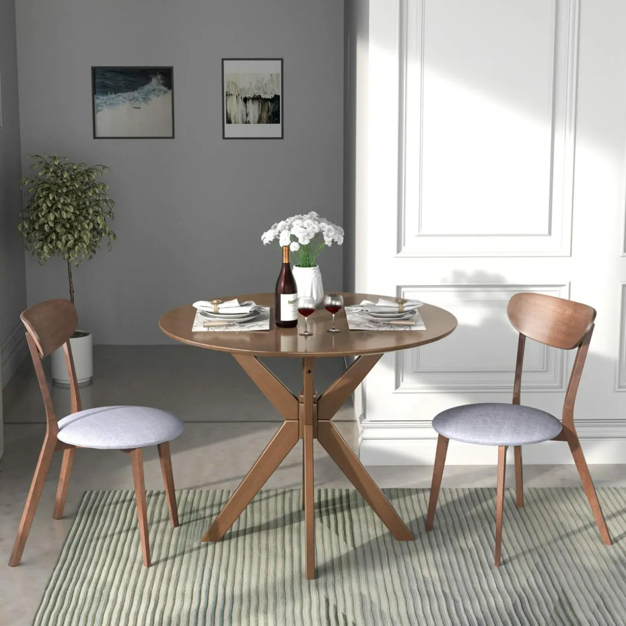 Tangkula 3-Piece Dining Table and Chair Set, Round Wooden Dining Set