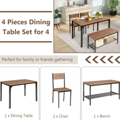 Tangkula 4-Piece Dining Table Set, Kitchen Table with Bench and Chairs