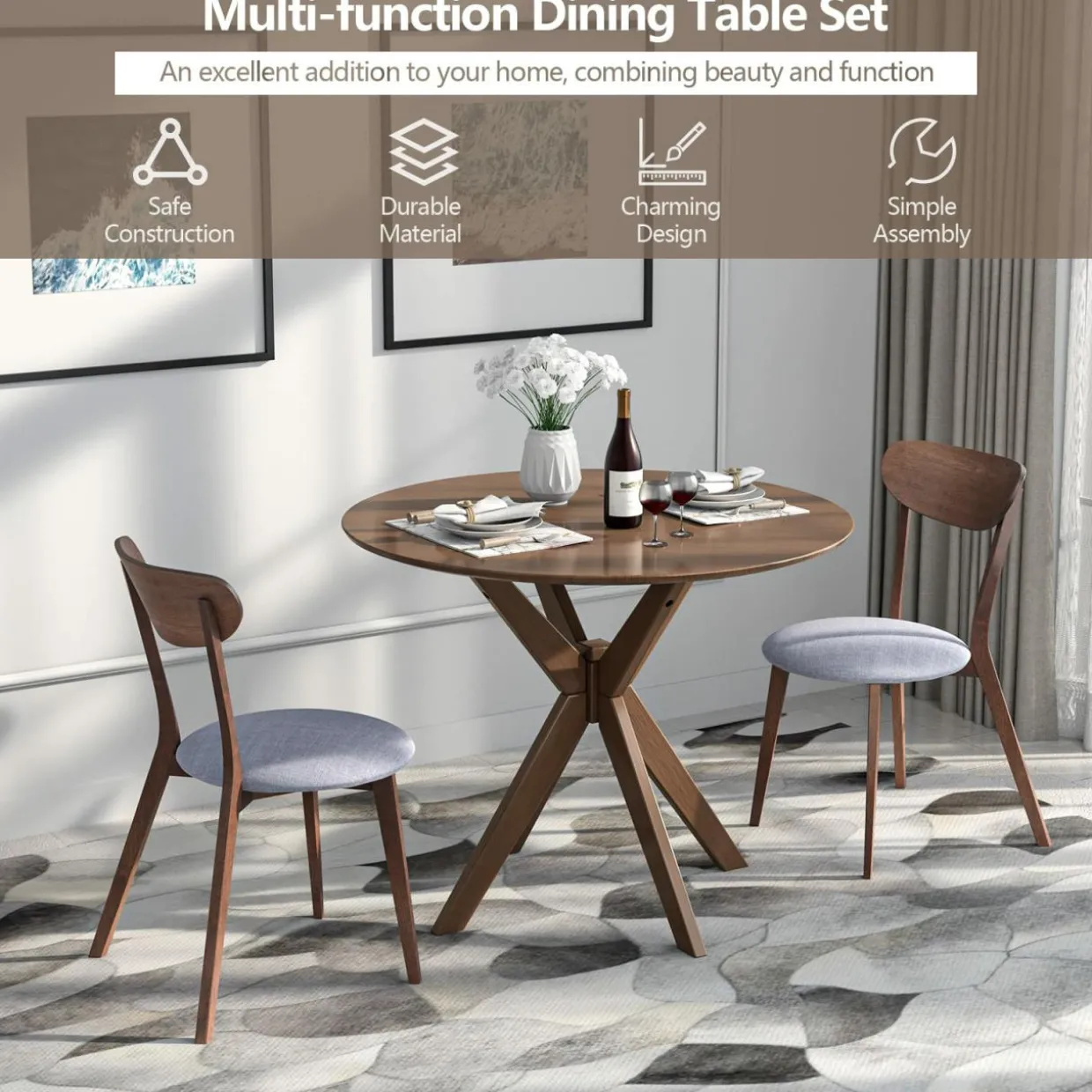 Tangkula 3-Piece Dining Table and Chair Set, Round Wooden Dining Set