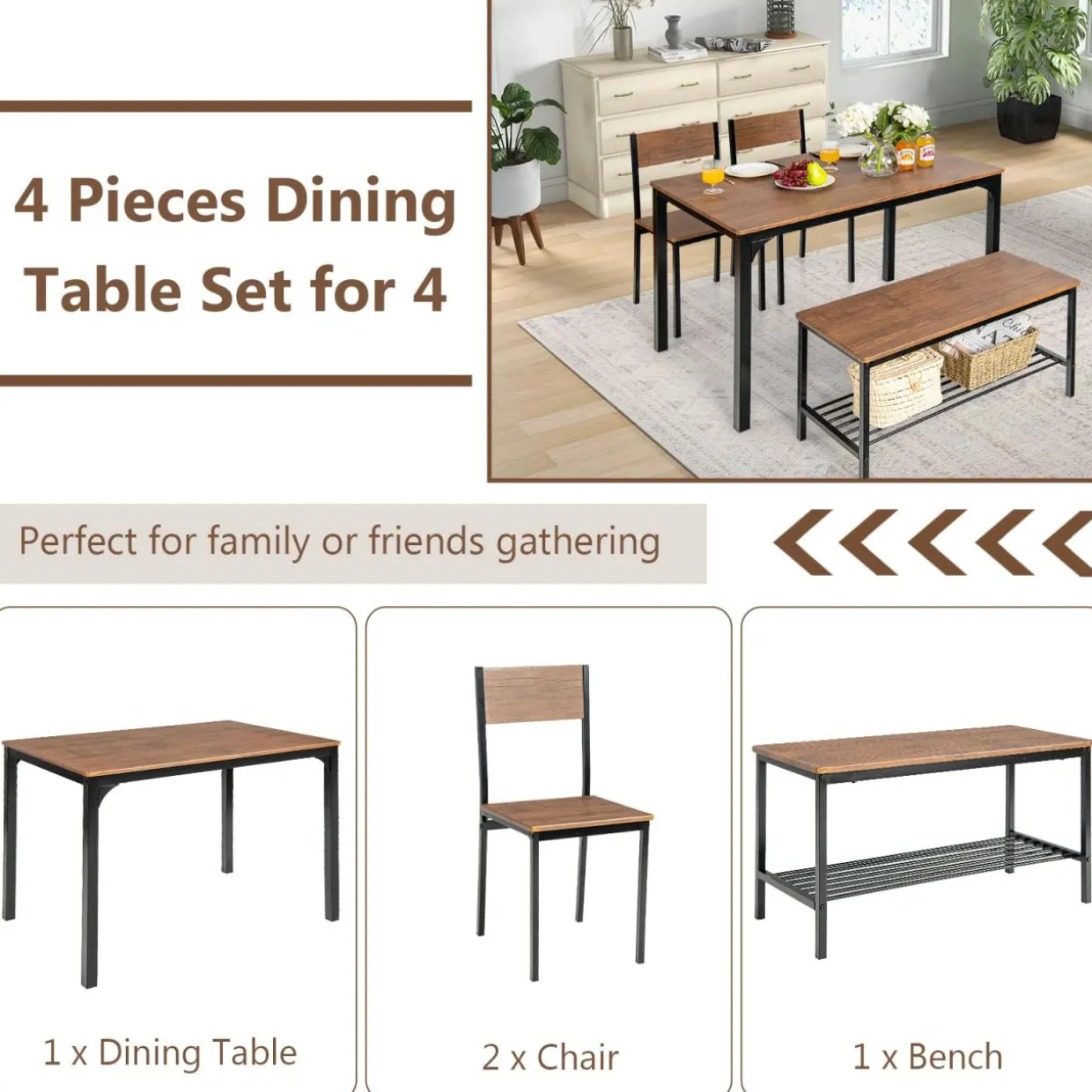 Tangkula 4-Piece Dining Table Set, Kitchen Table with Bench and Chairs