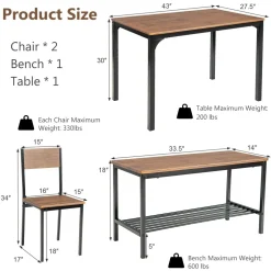 Tangkula 4-Piece Dining Table Set, Kitchen Table with Bench and Chairs