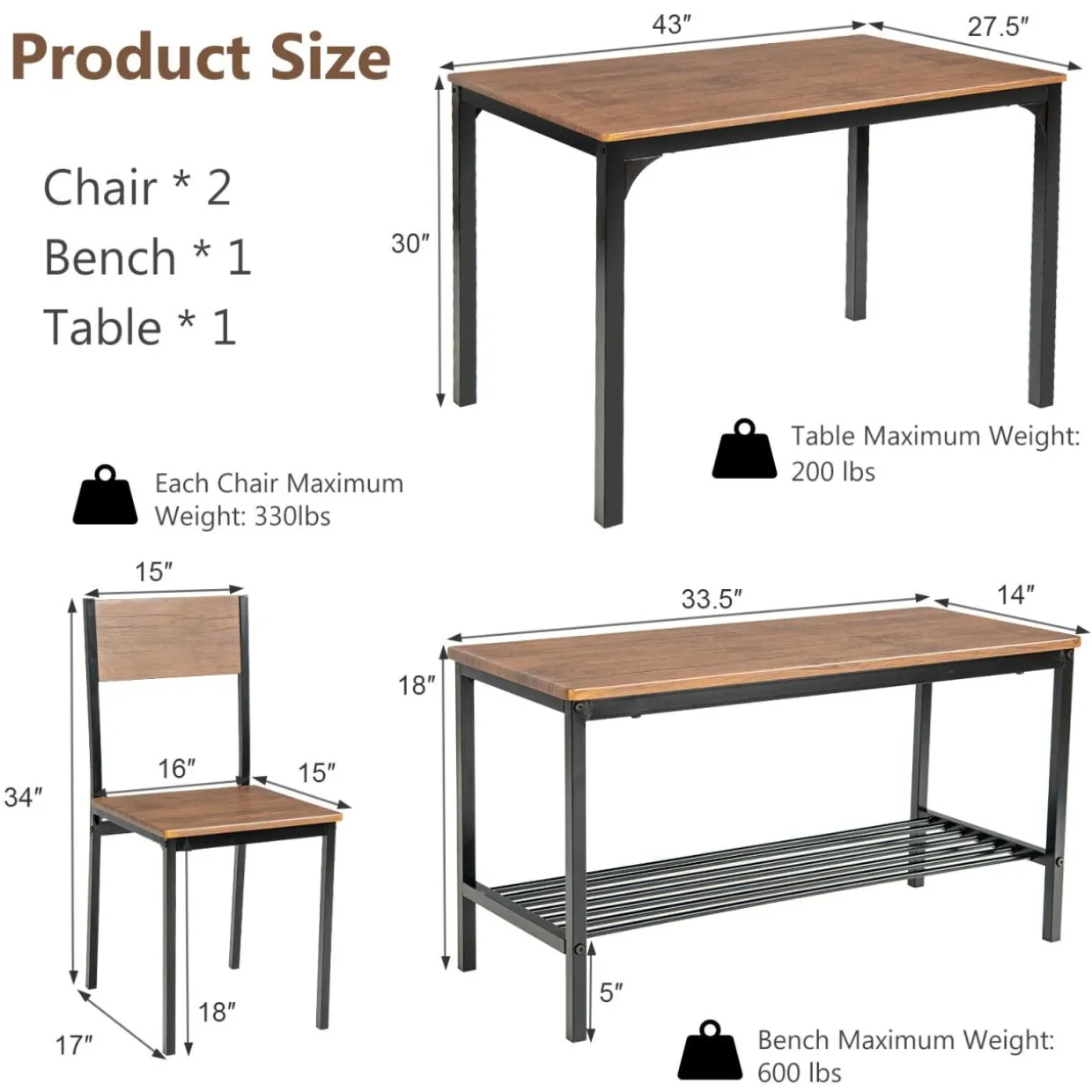 Tangkula 4-Piece Dining Table Set, Kitchen Table with Bench and Chairs