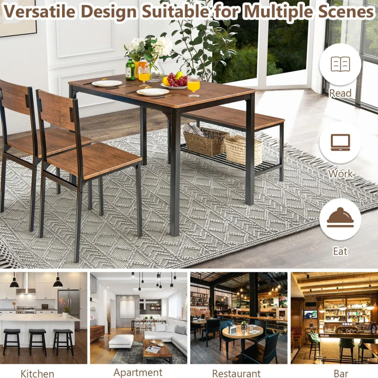 Tangkula 4-Piece Dining Table Set, Kitchen Table with Bench and Chairs