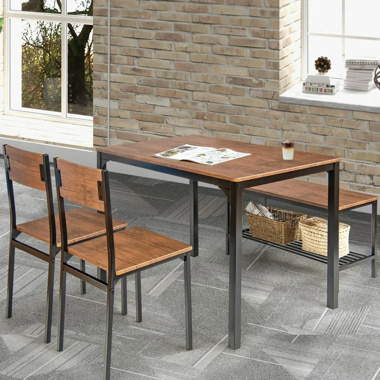 Tangkula 4-Piece Dining Table Set, Kitchen Table with Bench and Chairs