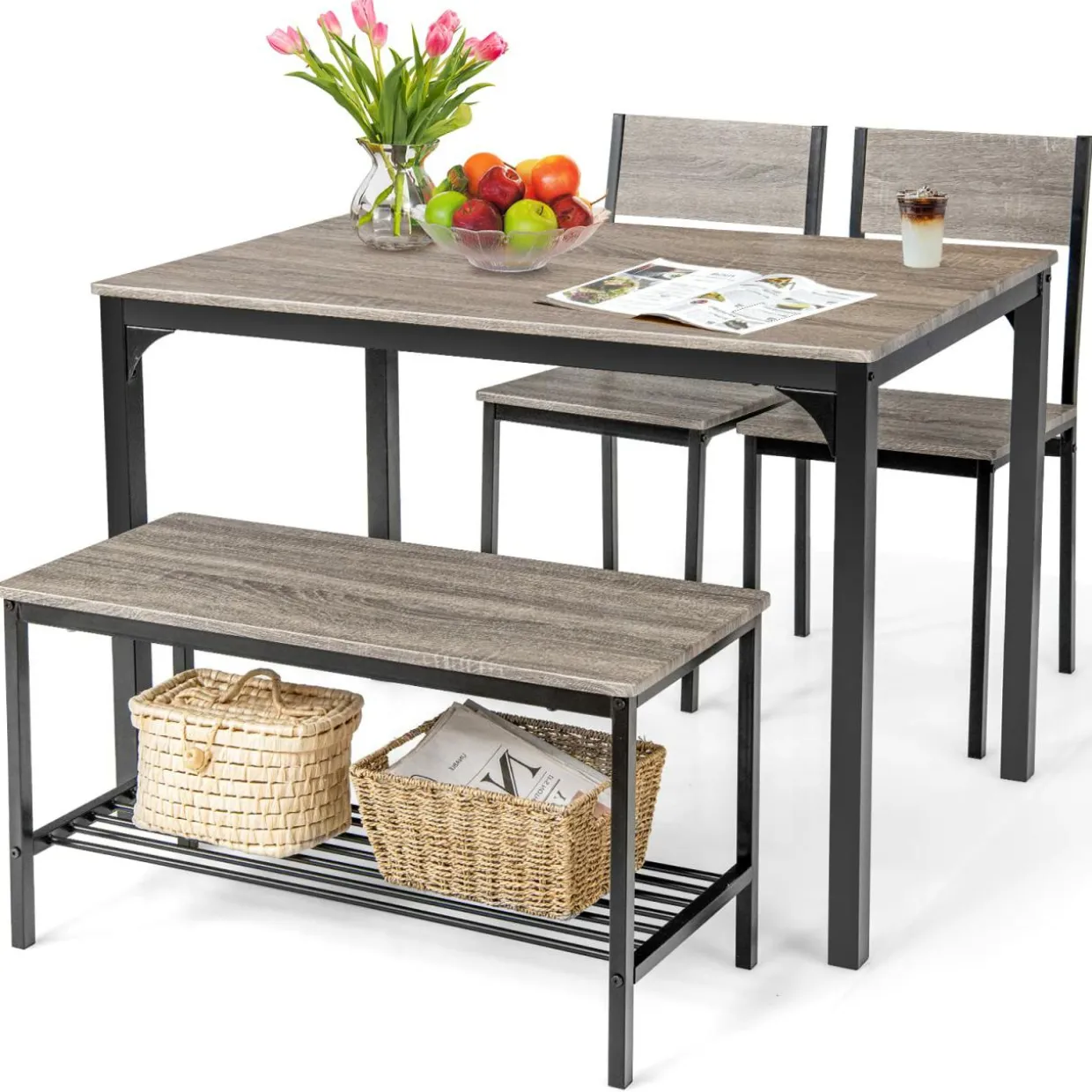 Tangkula 4-Piece Dining Table Set, Kitchen Table with Bench and Chairs