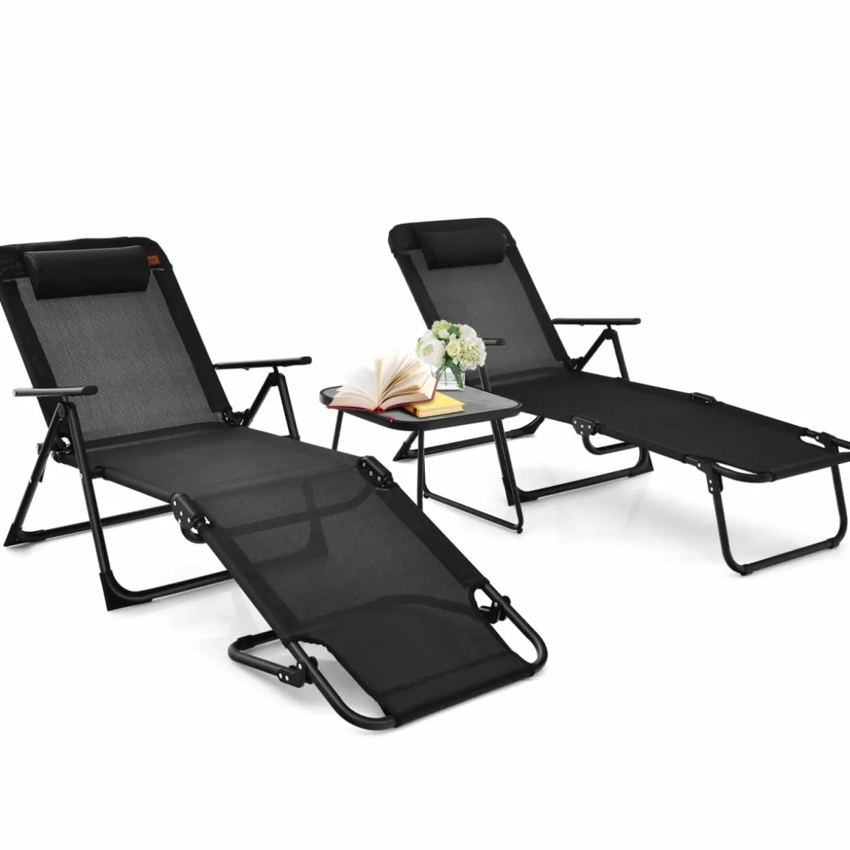 Tangkula 3-Piece Folding Outdoor Chaise Lounge Chair Set, 2 Recliner Chairs & 1 Patio Bistro Table