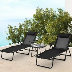 Tangkula 3-Piece Folding Outdoor Chaise Lounge Chair Set, 2 Recliner Chairs & 1 Patio Bistro Table