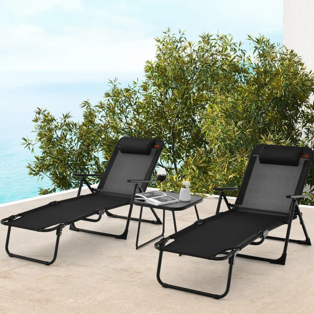 Tangkula 3-Piece Folding Outdoor Chaise Lounge Chair Set, 2 Recliner Chairs & 1 Patio Bistro Table