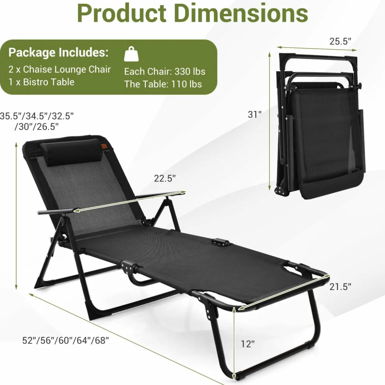 Tangkula 3-Piece Folding Outdoor Chaise Lounge Chair Set, 2 Recliner Chairs & 1 Patio Bistro Table