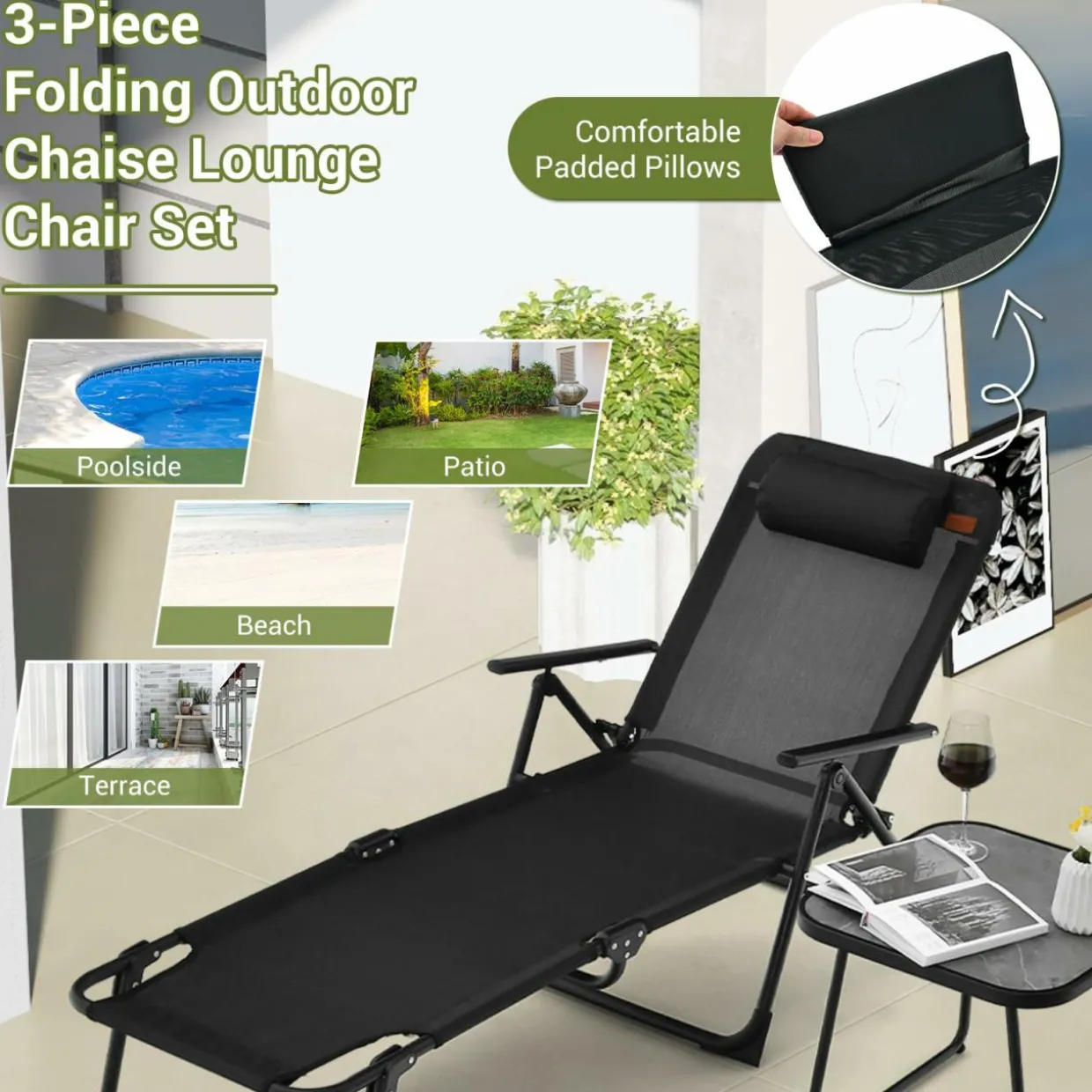 Tangkula 3-Piece Folding Outdoor Chaise Lounge Chair Set, 2 Recliner Chairs & 1 Patio Bistro Table
