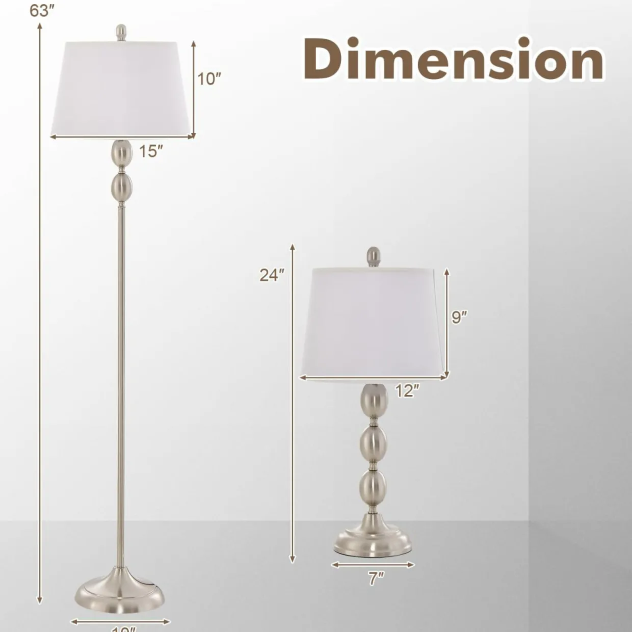 Tangkula 3-Piece Lamp Set, Floor Lamp and Table Lamp Combo Set with Metal Base and Fabric Shades