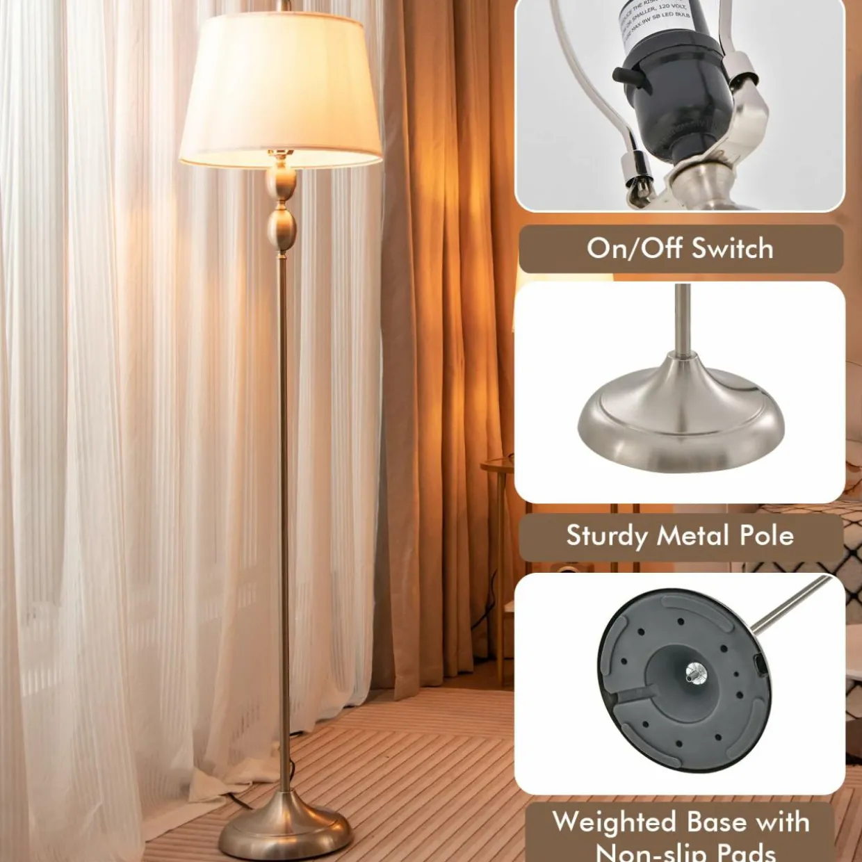 Tangkula 3-Piece Lamp Set, Floor Lamp and Table Lamp Combo Set with Metal Base and Fabric Shades