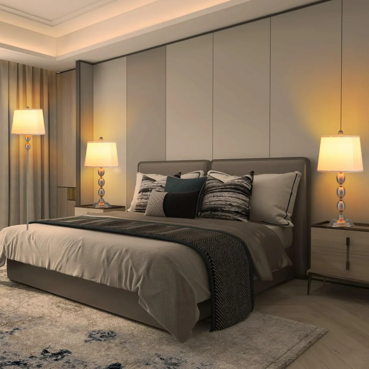 Tangkula 3-Piece Lamp Set, Floor Lamp and Table Lamp Combo Set with Metal Base and Fabric Shades