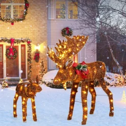 Tangkula 2-Piece Lighted Christmas Moose Family Set, Light-Up Reindeers with 170 Warm White LED Lights