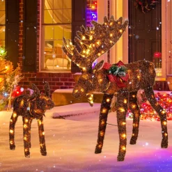 Tangkula 2-Piece Lighted Christmas Moose Family Set, Light-Up Reindeers with 170 Warm White LED Lights