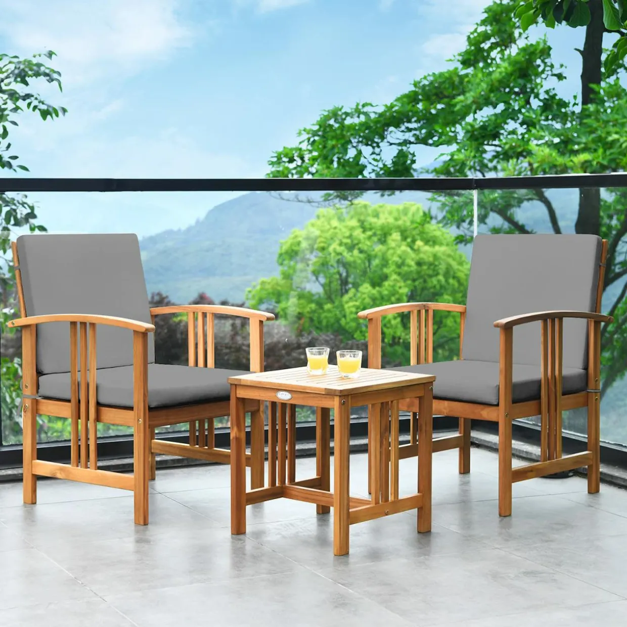 Tangkula 3-Piece Outdoor Acacia Wood Sofa Set w/Cushions